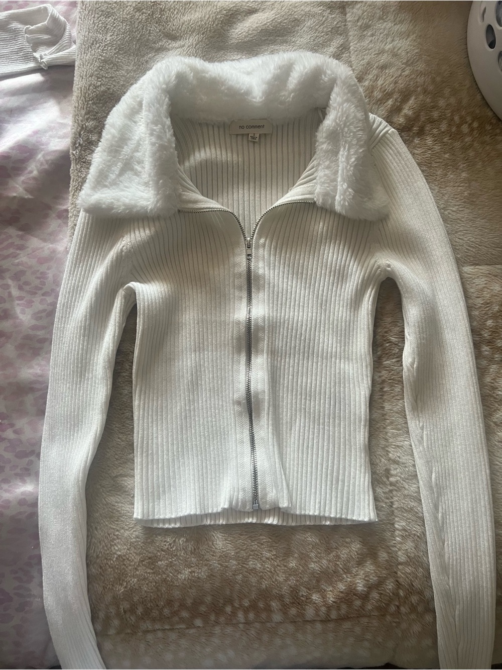 No Comment White Ribbed Zip-Up Sweater with Faux Fur Collar